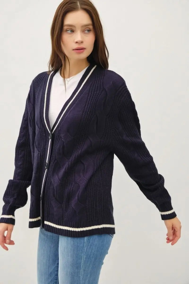 Be Cool Contrast Trim Cable-Knit V-Neck Cardigan - Love Salve